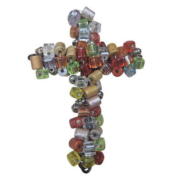 Vintage Handmade Cross Beaded & Twisted Wire Hanging Hook Christian Faith Unique - Picture 2 of 7